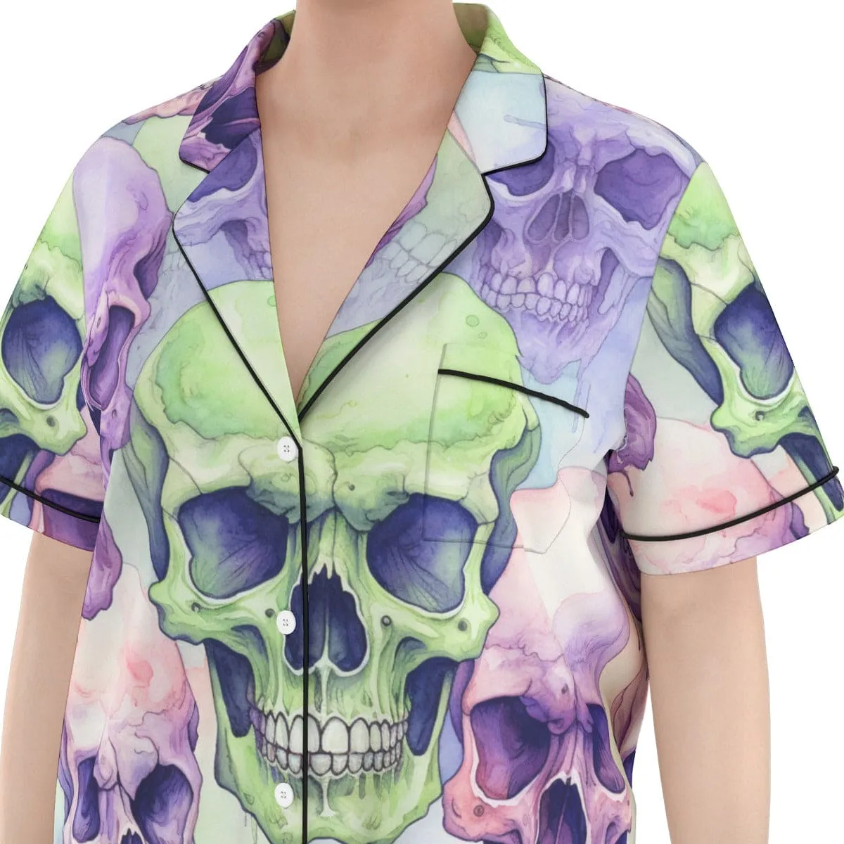 Women's Purple Green Skulls Silk Pajama Set