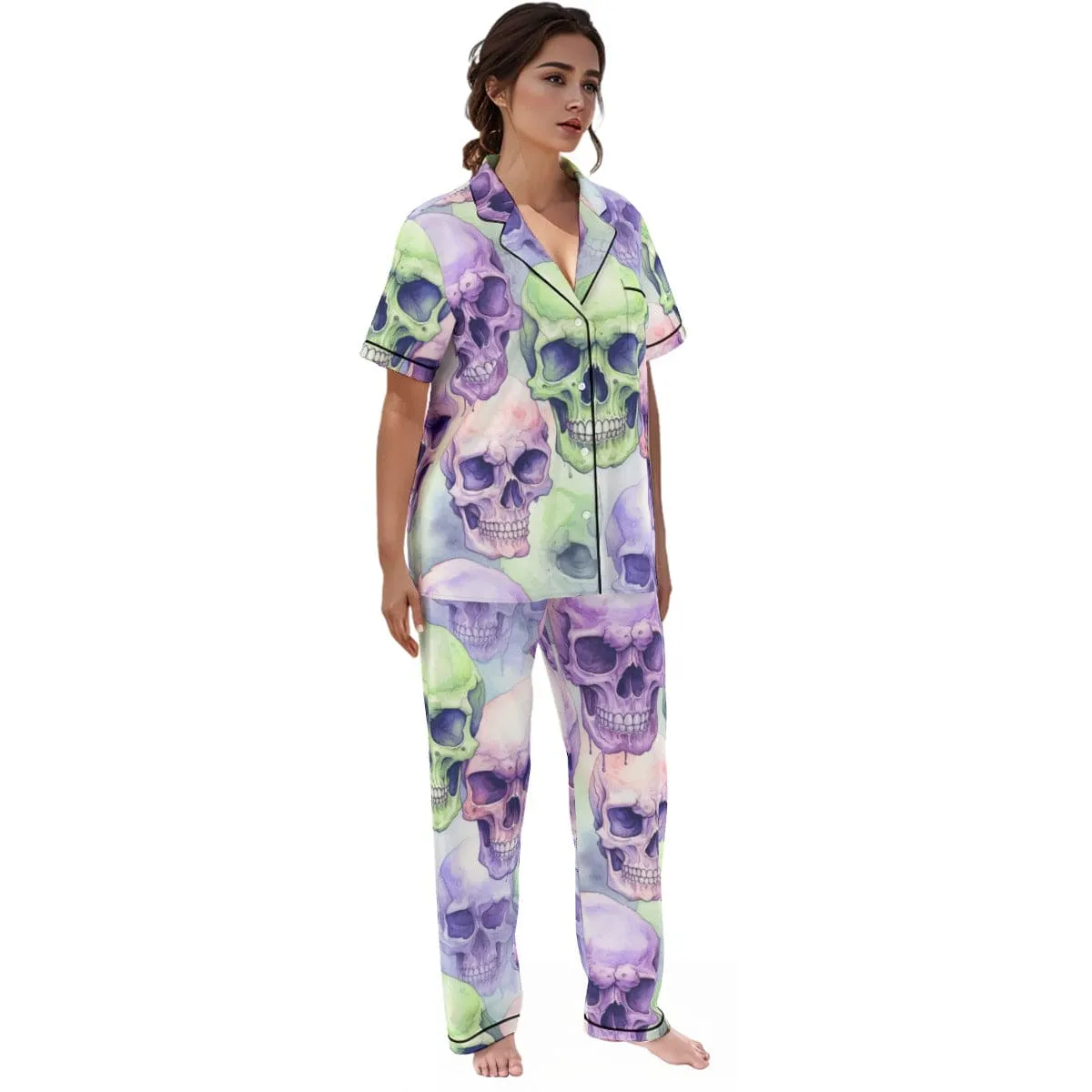 Women's Purple Green Skulls Silk Pajama Set