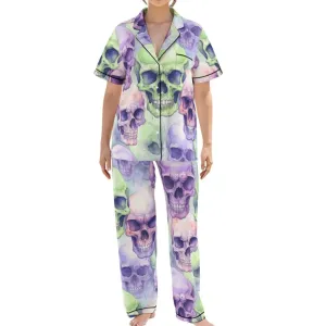Women's Purple Green Skulls Silk Pajama Set