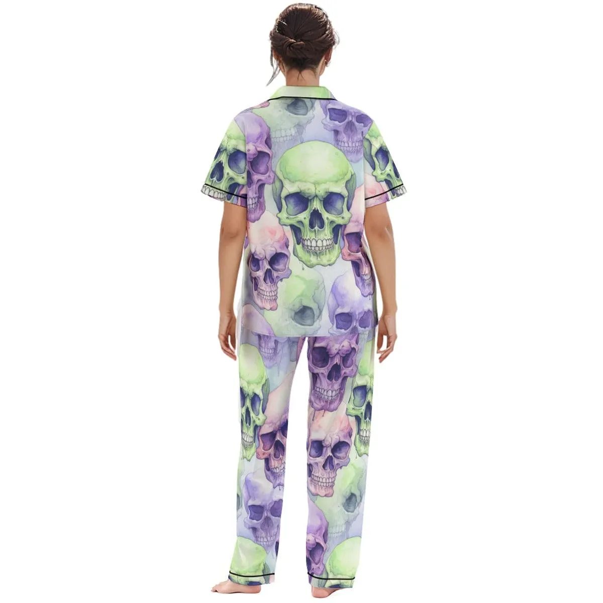 Women's Purple Green Skulls Silk Pajama Set