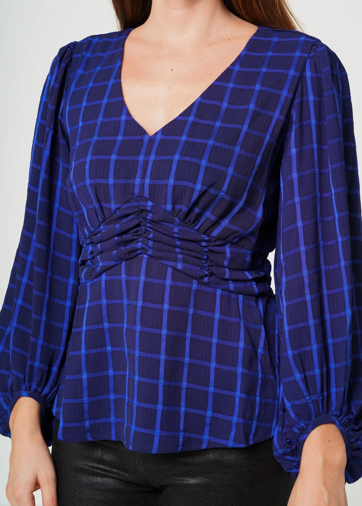 Women's V-neck Checkered Blouse in Night Plaid