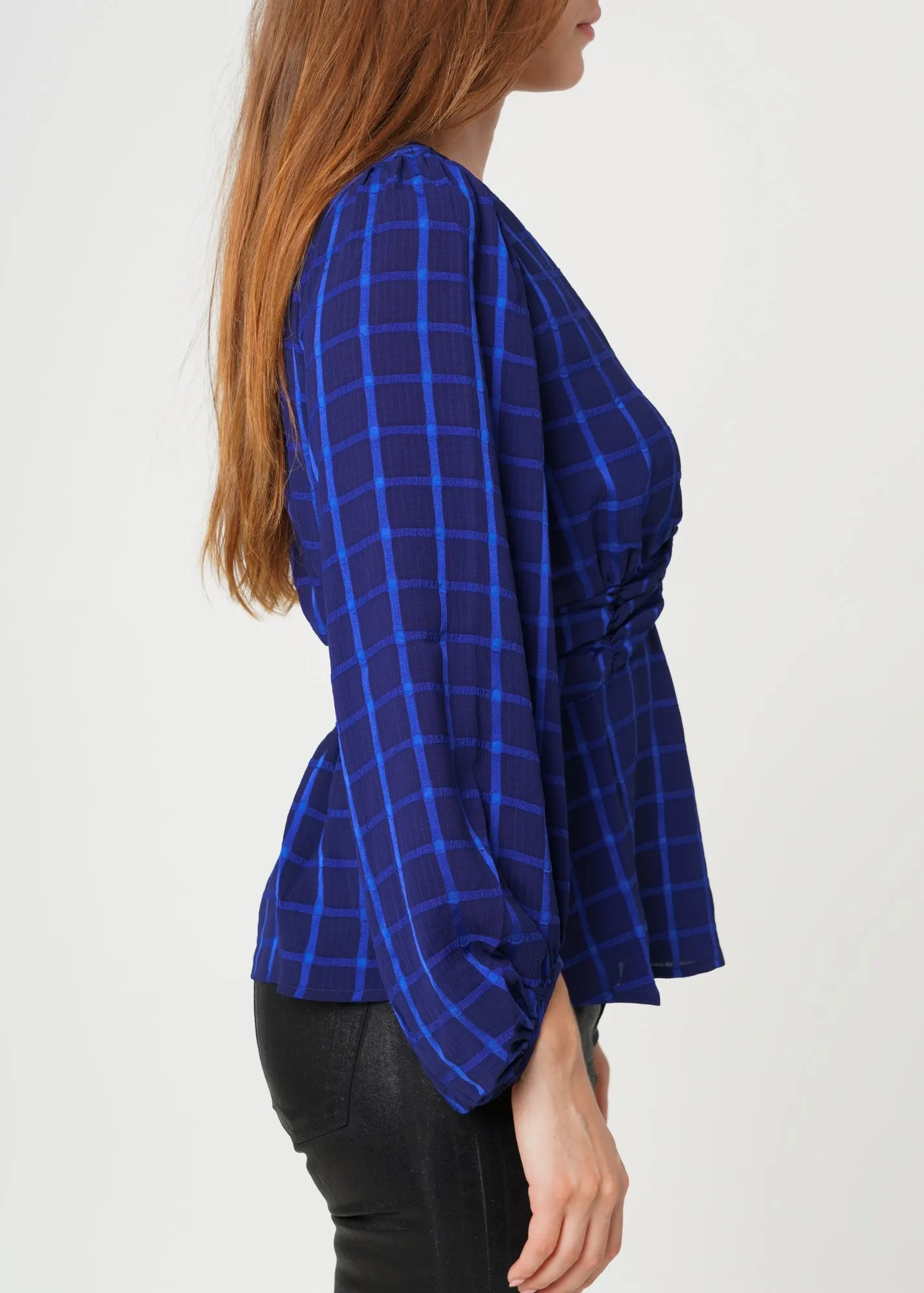 Women's V-neck Checkered Blouse in Night Plaid