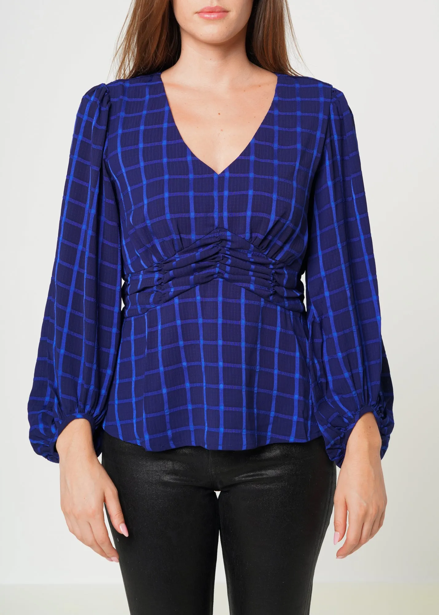 Women's V-neck Checkered Blouse in Night Plaid