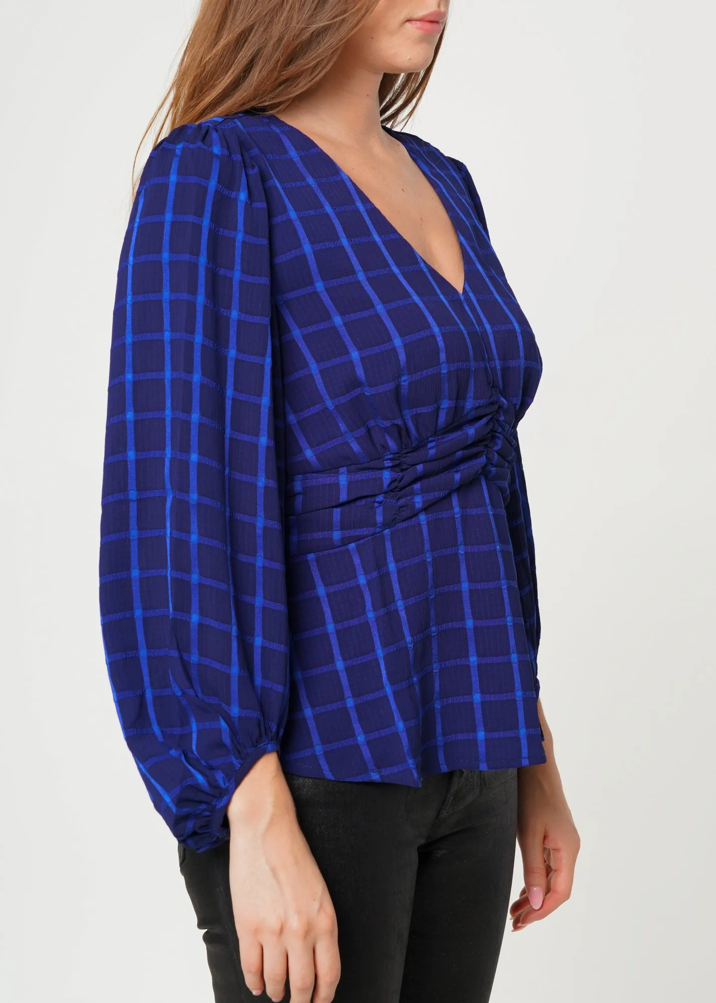 Women's V-neck Checkered Blouse in Night Plaid