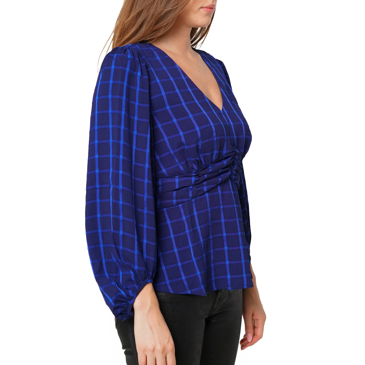 Women's V-neck Checkered Blouse in Night Plaid