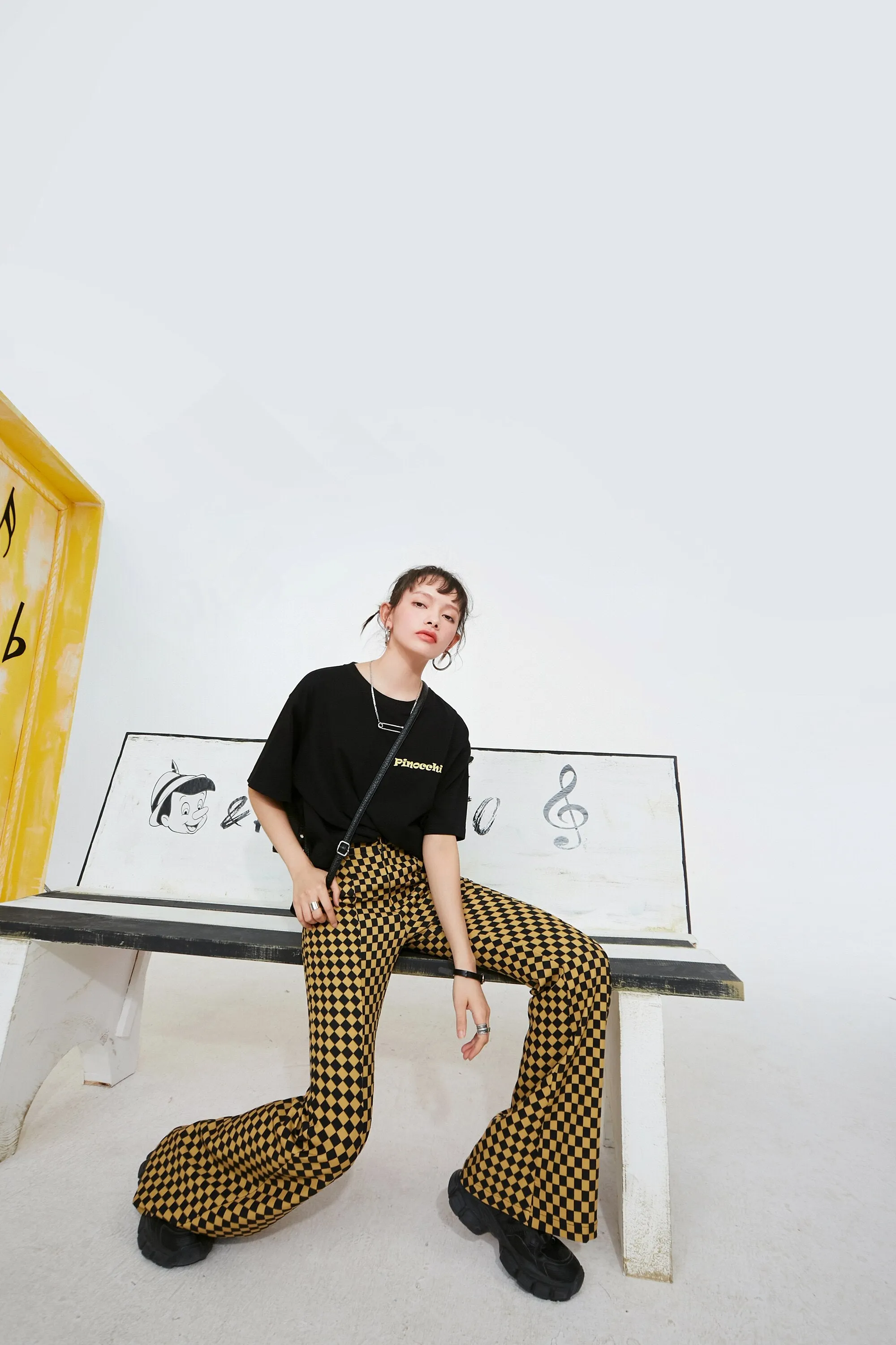 Yellow Plaid High Waist Casual Women Flare Pants Spring ELF British